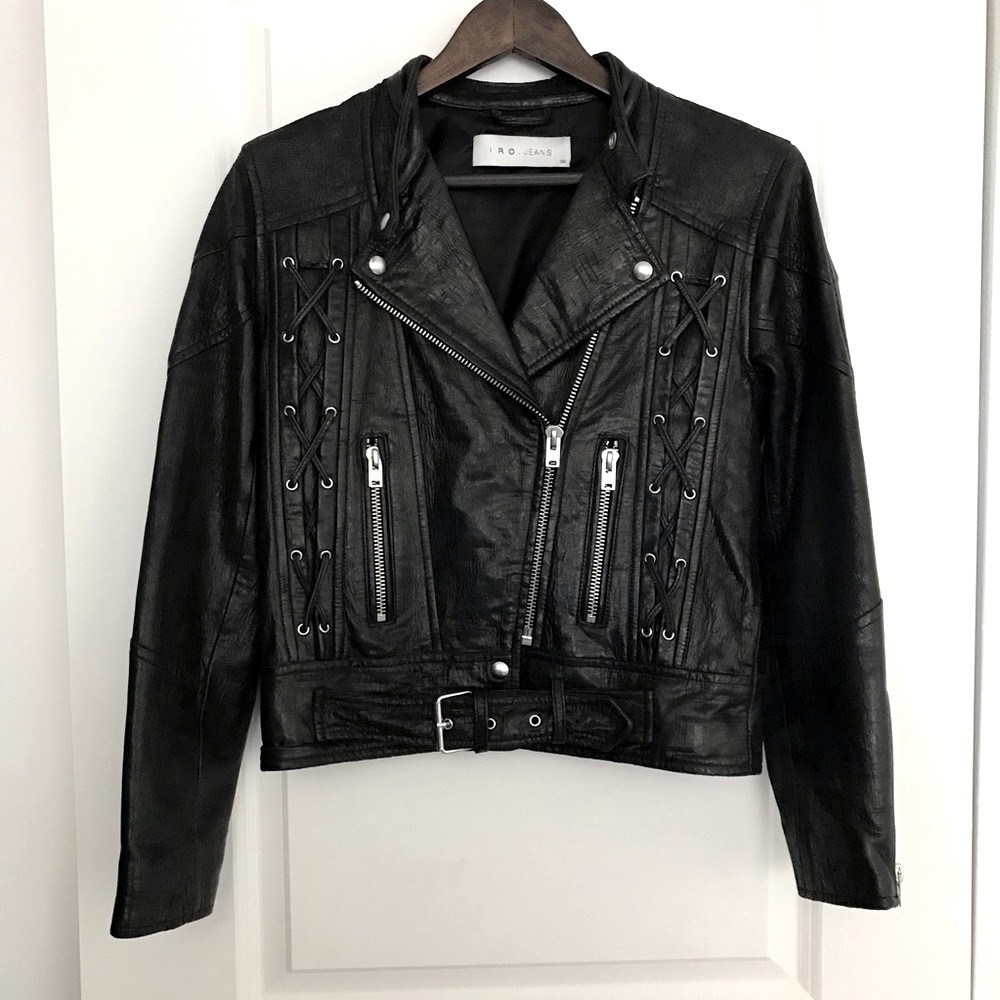 IRO Totem black textured leather Moto jacket lace up motorcycle S biker